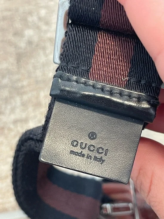 Gucci Canvas Two Tone Brown Black Stripe Web Adjustable Belt Metal Buckle Mens - Picture 3 of 8